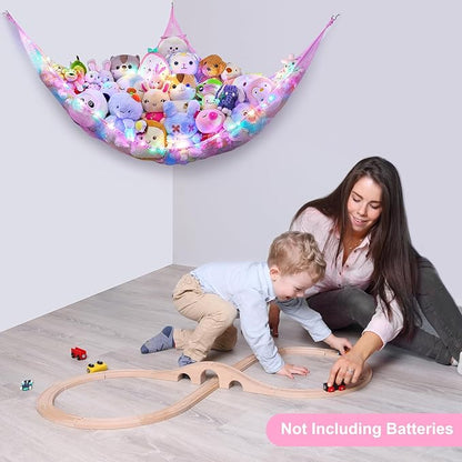 Unicorn Castle Stuffed Animals Net or Hammock Kids Toy Storage Organizer with LED Light Hanging Corner Stuffed Animals Holder Kids Girls Room Decor,Pale-Pink,Large (Pack of 1)
