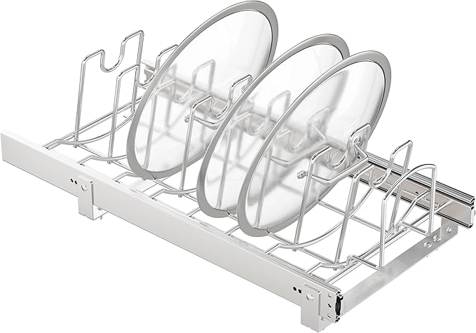 STORKING Slide Out Pot Lid Organizer Under Cabinet, Wire Dividers Kitchen Pull Out Pot Lid Storage Rack Holder, Full-Extension Rail 12" W*22" D