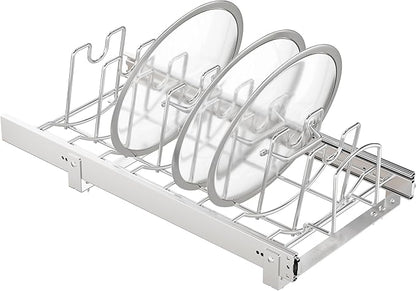 STORKING Slide Out Pot Lid Organizer Under Cabinet, Wire Dividers Kitchen Pull Out Pot Lid Storage Rack Holder, Full-Extension Rail 12" W*22" D