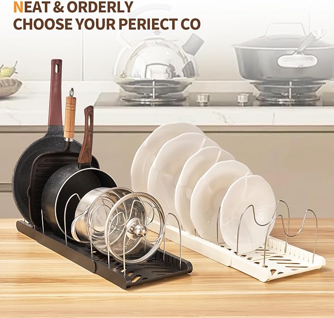 YLMIJFE Stainless Steel Adjustable Dividers Pot and Pan Organizer Rack, Expandable 12'-23.2' Wide, White, 7 Shelves, Kitchen Cabinet Organizer