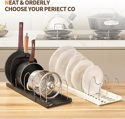 YLMIJFE Stainless Steel Adjustable Dividers Pot and Pan Organizer Rack, Expandable 12'-23.2' Wide, White, 7 Shelves, Kitchen Cabinet Organizer