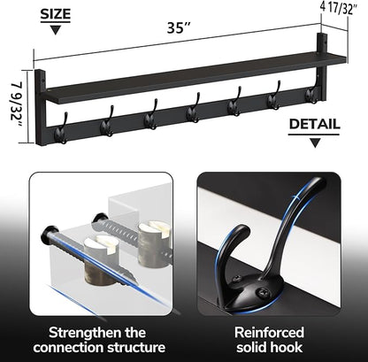 BAMEOS Wall Hooks with Shelf 35 Inch Length Entryway Hanging Shelf Wood Coat Hooks Wall-Mounted Coat Hook Rack with 7 Dual Hooks for Bathroom, Living Room, Bedroom (Black)