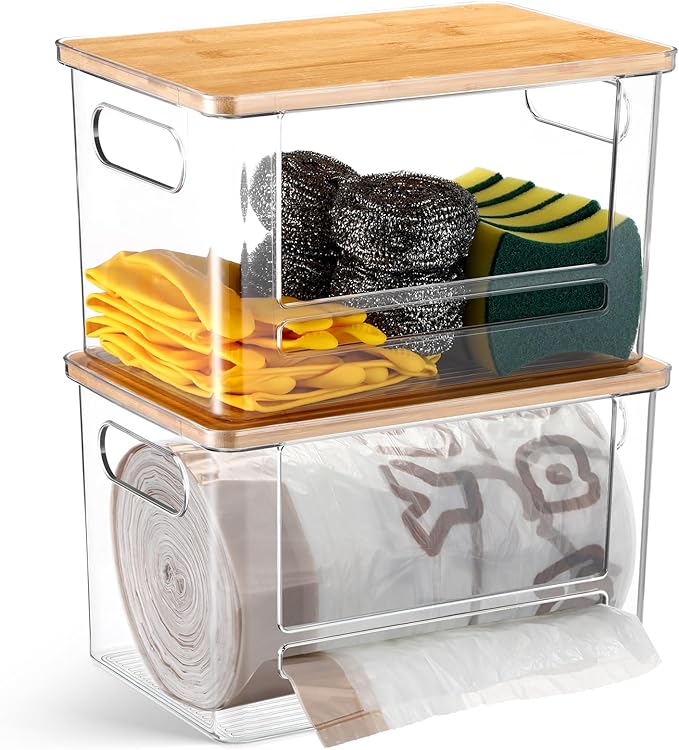 2 Pcs Stackable Storage Containers with Bamboo Top Handles Extra Large Garbage Bag Holder Dispenser Trash Bag Organizer Open Front Bin for Kitchen Laundry Room Pantry Organization(Stylish)