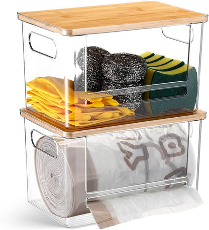 2 Pcs Stackable Storage Containers with Bamboo Top Handles Extra Large Garbage Bag Holder Dispenser Trash Bag Organizer Open Front Bin for Kitchen Laundry Room Pantry Organization(Stylish)