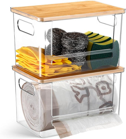 2 Pcs Stackable Storage Containers with Bamboo Top Handles Extra Large Garbage Bag Holder Dispenser Trash Bag Organizer Open Front Bin for Kitchen Laundry Room Pantry Organization(Stylish)
