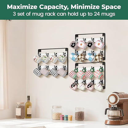 EsLuker.ly Mug Holder Hanger Rack Wall Mounted Wooden 3 Pack Coffee Cup Storage Organizer Display Shelf with 24 Removable Plastic Hooks, Ideal for Mug Collectors, White-Black