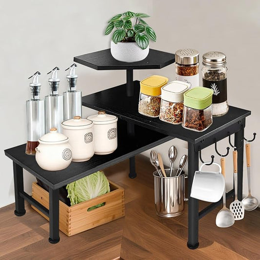 Bathroom Counter Organizer, 3 Tier Moveable Black Corner Shelf with Hook, Countertop Organizer for Bathroom, Dresser Table, Makeup Vanity Desktop,Desk Shelf (Black)