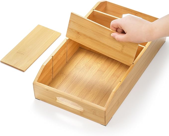 2 Pack Bamboo Pantry Organizers, Storage Bin with Removable Dividers, Divided Snack Oragnizer with Handle, Stackable Cabinet Basket, Drawer Caddy for Kitchen Office Packets Sauce Pouches