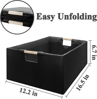 Foldable Fabric Storage Cubes, 2 Packs Cloth Storage Baskets with Wooden Handles, Collapsible Shelf Closet Organizer Bins, Rectangular Storage Boxes for Decor (Black)