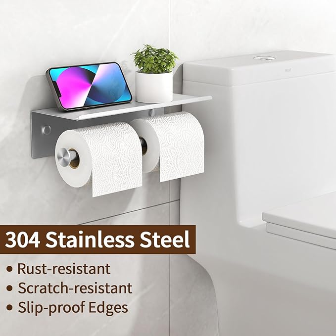 YUMORE Toilet Paper Holder, 304 Stainless Steel Bathroom Double Roll Tissue Holder with Shelf, Wall Mounted Washroom Dual TP Dispenser Storage, Flushable Wipes Dispenser, Brushed Nickel Finish