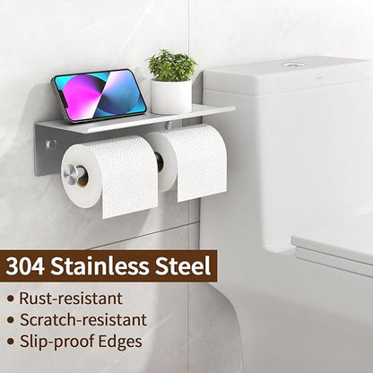 YUMORE Toilet Paper Holder, 304 Stainless Steel Bathroom Double Roll Tissue Holder with Shelf, Wall Mounted Washroom Dual TP Dispenser Storage, Flushable Wipes Dispenser, Brushed Nickel Finish