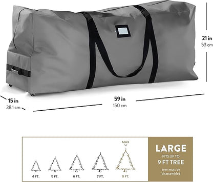 ZOBER 600D Oxford Fabric Large Rolling Christmas Tree Storage Bag - Fits 9 Ft Artificial Trees - Waterproof Christmas Tree Bag For Storage Box For Xmas, Durable Handles and Wheels - Card Slot - Gray