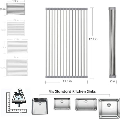 Tomorotec Roll Up Dish Drying Rack, Over The Sink Dish Drying Rack, Portable Stainless Steel Rolling Rack Multipurpose Kitchen Drainer Caddy Organizer Storage Shelf Holder, Gray