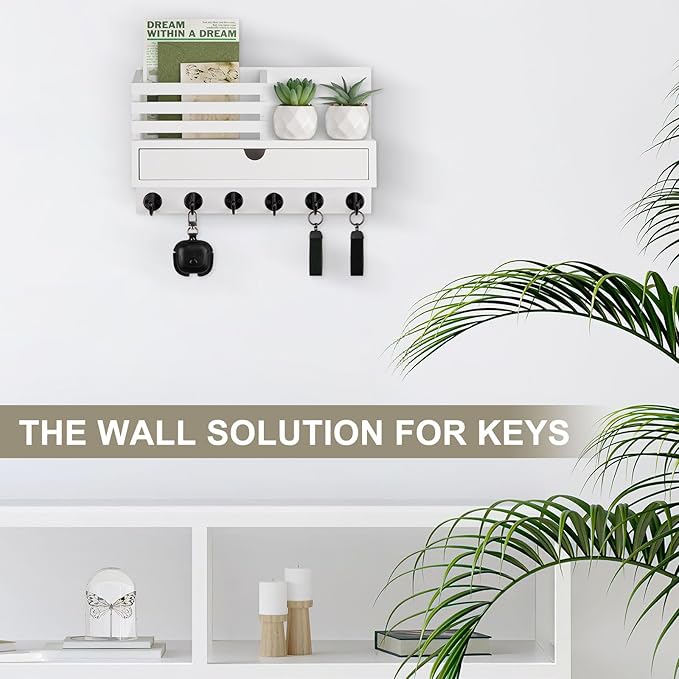 Key Holder Wall Mount, Mail Holder with Storage Drawer and 6 Key Hooks for Coat, Dog Leash, Home Decor Rack, House Accessories, Entry Way Organizer