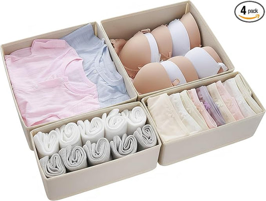 Drawer Organizer Set 4 Pack - Fabric Storage Bins for Underwear Socks Bras Baby Clothes - Closet Dresser Organizers Dividers for Bedroom Nursery, Beige