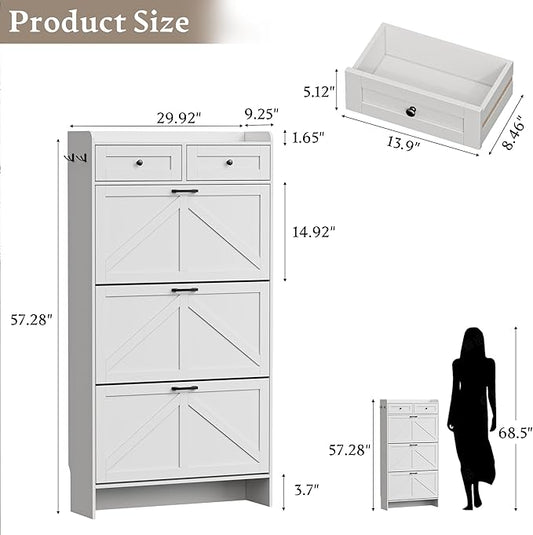 Shoe Storage Cabinet for Entryway, Farmhouse Narrow Shoe Cabinet with 3 Flip Drawers & 2 Top Drawers, Adjustable Shelves & Hooks, Freestanding Hidden Rack Organizer for Hallway, Foyer