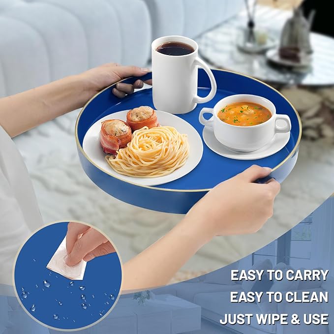 MAONAME 13" Blue Round Tray, Navy Serving Tray with Handles, Modern Decorative Trays for Coffee Table, Plastic Trays for Ottoman, Bathroom, Decor