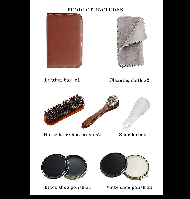 Complete Shoe Care Kit with Black and White Shoe Polish - Perfect for Home and Travel Use - Includes Brushes, Polishes, Cloths, Horn, and Leather Box - Ideal Gift for Leather Shoe Lovers