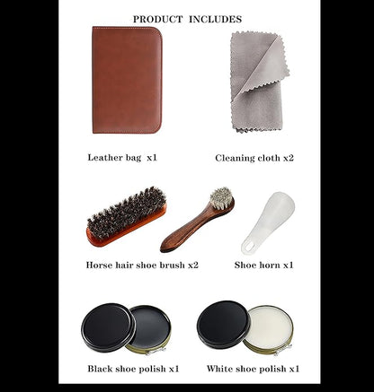 Complete Shoe Care Kit with Black and White Shoe Polish - Perfect for Home and Travel Use - Includes Brushes, Polishes, Cloths, Horn, and Leather Box - Ideal Gift for Leather Shoe Lovers
