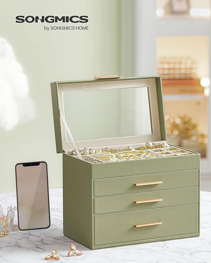 SONGMICS Jewelry Box Organizer with Glass Lid, 4-Layer Jewelry Storage, with 3 Drawers, Modern Style, 6 x 9.9 x 8.5 Inches, Laurel Green and Gold Color UJBC161C02
