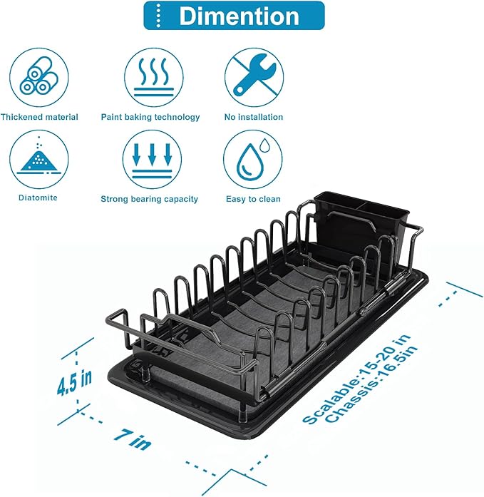 ouimei Sink Dish Drying Rack - Expandable Over Sink (15"-20" Fit), Diatomaceous Earth Tray for No-Drain Drying! Compact Dish Drainer for Small Kitchens, Apartments & RVs(Black)