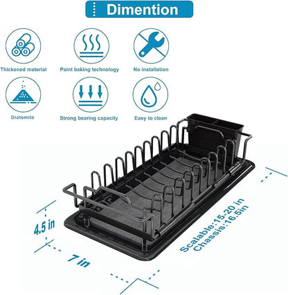 ouimei Sink Dish Drying Rack - Expandable Over Sink (15"-20" Fit), Diatomaceous Earth Tray for No-Drain Drying! Compact Dish Drainer for Small Kitchens, Apartments & RVs(Black)