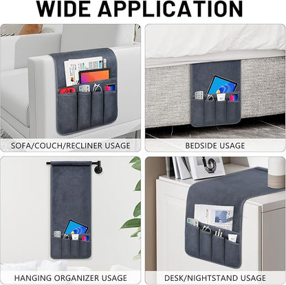 Couch Armrest Remote Control Holder, Polar Fleece Couch Caddy Gifts for Seniors, Non-slip Bed Caddy Tv Remote Holder with 5 Pockets for Key Glasses Phone Magazine Holders