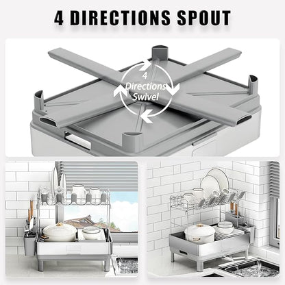 Ewaiira Dish Drying Rack, 2 Tier Large Dish Rack, Stainless Steel Dish Drainer for Kitchen Counter, Dishes Rack with Automatic Drainage, Utensil Holder&Cups Holder,Space Saving Kitchen Organizer,Gray
