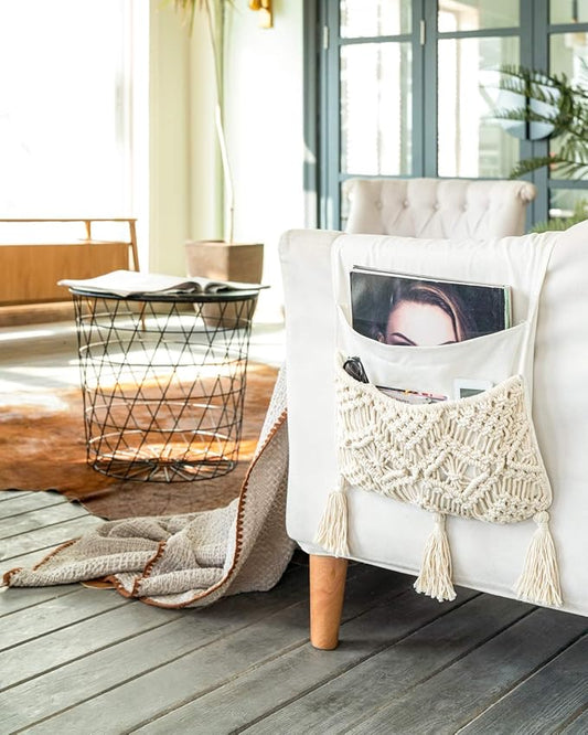 Mkono Macrame Couch Organizer Remote Control Caddy Sofa Armrest Armchair Bedside Storage Holder Bag for TV Remote, Magazine, Books, Cell Phone, iPad, Boho Living Room Home Dorm Decor, Beige