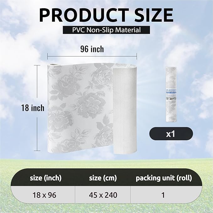18X96 Inch Shelf Liner for Kitchen Cabinets, PVC Drawer Liner for Dresser Non-Slip Bathroom, Non-Adhesive Cabinet Liner Washable (White Flower)(1 Roll)