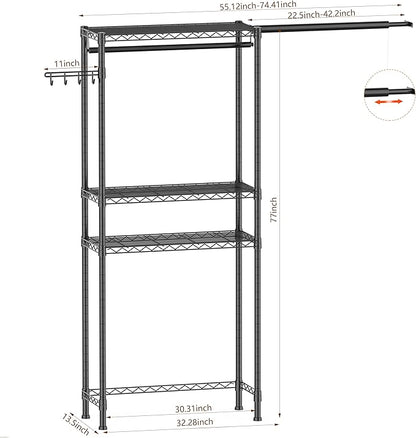 Over Washer and Dryer Shelves,3 Tier Adjustable Wire Shelving Laundry Room Storage Organization Clothes Drying Rack with Mounted on the Wall Expandable Hanger Rods&Hook,55"~74.5"Wx13.4"Dx77"H