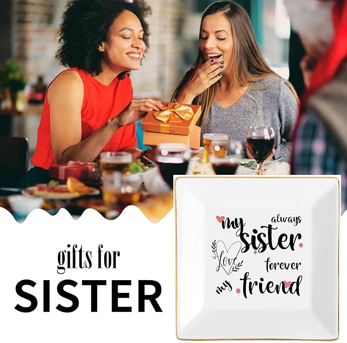 Tijeyi Sisters Gifts from Sister in Law Happy Birthday Gift for Women Funny Big Brother Little Ceramic Small Jewelry Dish Unique Trinket Tray Best Ring Plates Always My Sister, Forever My Friend