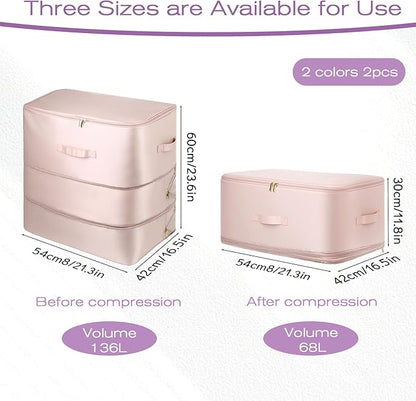 Oqqlin 2 Pcs Blanket Compression Storage Bags, 21x17x24 Inch Double Zipper Comforter Storage Bag with Handle Ultra Space Saving Self Compression Organizers for Blankets Comforters (Pink/Gray)