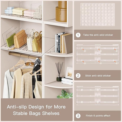 Criusia Adjustable Closet Purse Organizer Rack – 28.8" Extra-Long Shelf Divider with 6 Base Panels & 8 Dividers – Non-Slip Handbag Holder for Bags, Clothes, Kitchen, Office