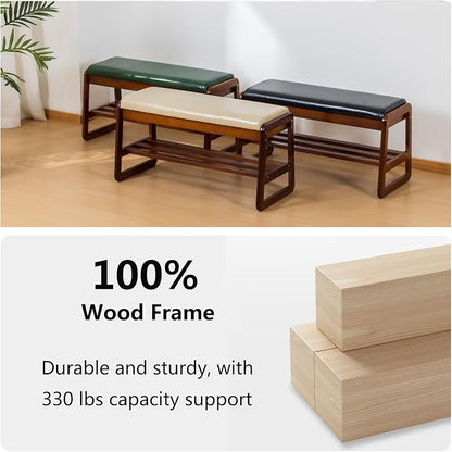 Solid Wood Shoe Bench, 2-Tier Entryway Bench with Cushion and Flip-Open Storage Box, Mid-Century Modern Shoe Bench Rack for Hallway, Mudroom(Green, 21.65'')