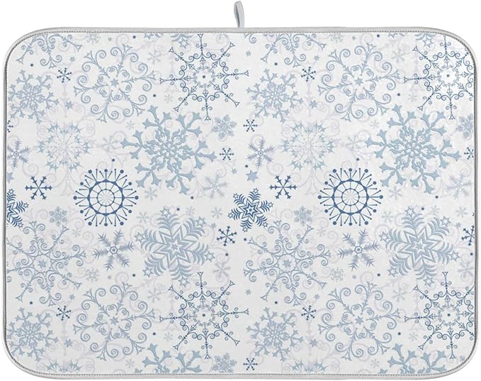 ZzWwR Chic Beautiful Snowflake Christmas Absorbent Dish Drying Mat Microfiber Kitchen Countertop Table Protector Multi-Purpose Counter Rack Sink Drainer Pad (16" x 18",White)