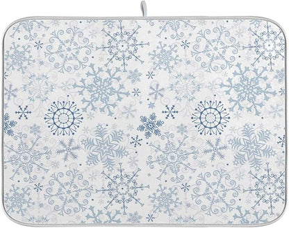 ZzWwR Chic Beautiful Snowflake Christmas Absorbent Dish Drying Mat Microfiber Kitchen Countertop Table Protector Multi-Purpose Counter Rack Sink Drainer Pad (16" x 18",White)
