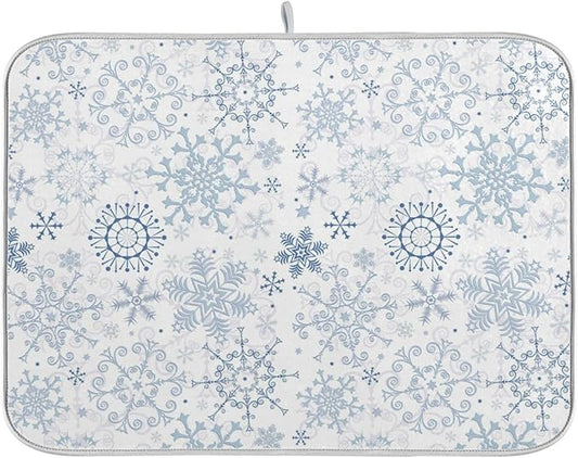 ZzWwR Chic Beautiful Snowflake Christmas Absorbent Dish Drying Mat Microfiber Kitchen Countertop Table Protector Multi-Purpose Counter Rack Sink Drainer Pad (16" x 18",White)