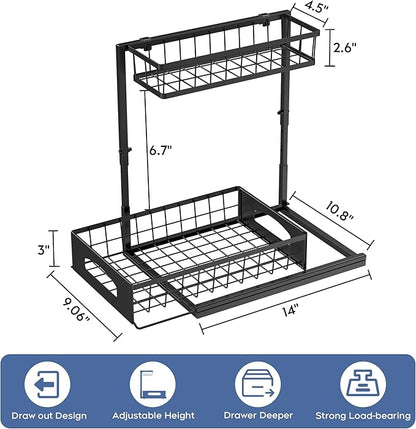 Under Sink Organizer , 2 Pack Height Adjustable Cabinet Organizer with Slide Out Drawer, Pull Out Under Sink Storage, Multi-Purpose 2 Tier Sink Shelves for Kitchen Bathroom Pantry (Black, 2 Pack)