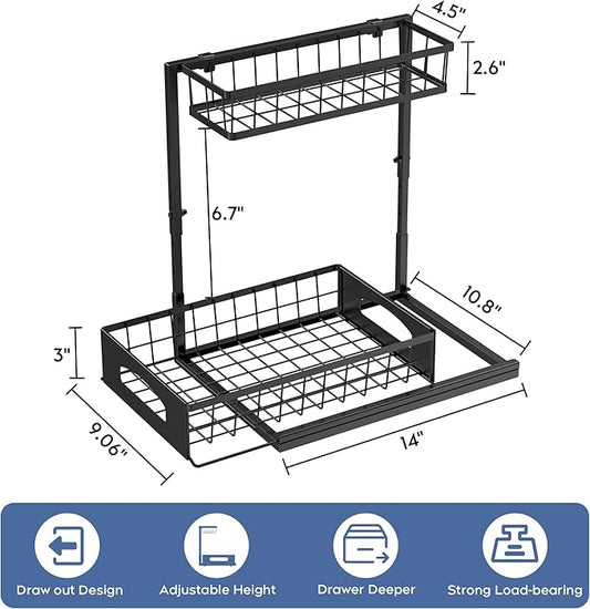 Under Sink Organizer , 2 Pack Height Adjustable Cabinet Organizer with Slide Out Drawer, Pull Out Under Sink Storage, Multi-Purpose 2 Tier Sink Shelves for Kitchen Bathroom Pantry (Black, 2 Pack)