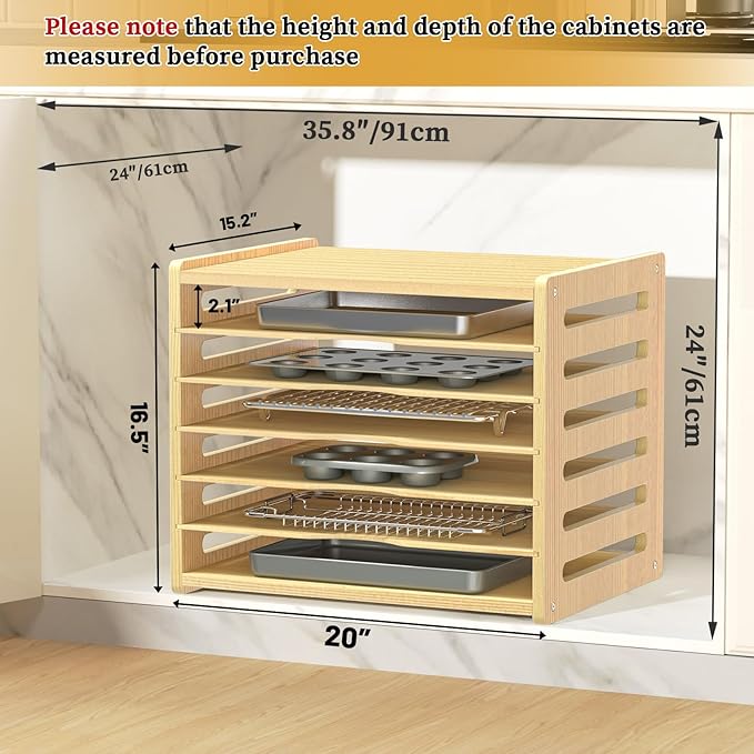 sandpaint 7 Tier Large Size Wooden Tray Dividers for Cabinet, Kitchen Cabinet Tray Divider for Pans, Storing pans, Baking trays, Cutting Board