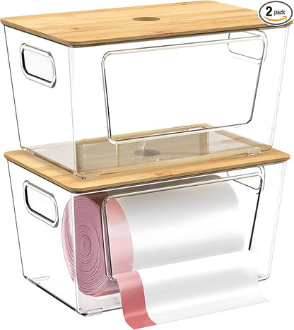 2 Pack Trash Bag Holder,Stackable Trash Bags Dispenser with Bamboo Lid,Extra Large Garbage Bag Holder for Kitchen, Laundry Room,Under Kitchen Sink Organizer