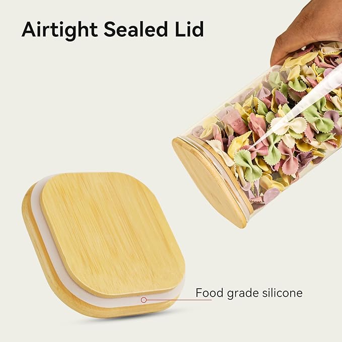 Glass Spaghetti Pasta Storage Container - 3 Pack 82 OZ Airtight Food Storage jar with Bamboo Lid Labels - Tall Square Kitchen Pantry Canister Set for Noodle Cookies Flour Cereal Coffee Bean