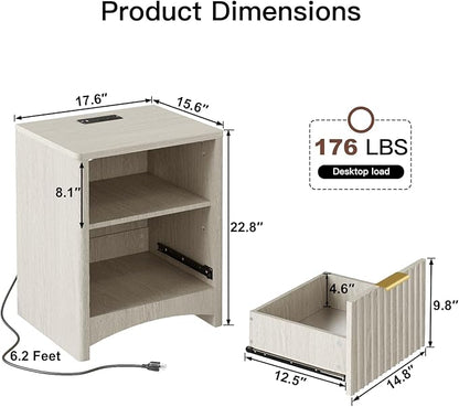 Pipishell Nightstand with Charging Station, Fluted Bedside Table with Storage & Drawers, Modern End Tables with USB & AC Outlets, Small Wood Night Stand for Bedroom, Light Gray