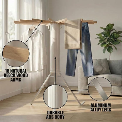 Laundry Drying Rack Collapsible, Tripod Clothes Drying Rack Foldable with 16 Wooden Rods Ideal for Versatile Indoor and Outdoor Use in Apartment, RV, Balcony and Bedroom.