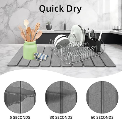 Hoborato Stone Dish Drying Mat,24"(L)×16"(W) - Fast-Drying, Collapsible Kitchen Counter Mat for Dishes, Cups & Bottles with Sanding Tool + Placemat, Dark gray