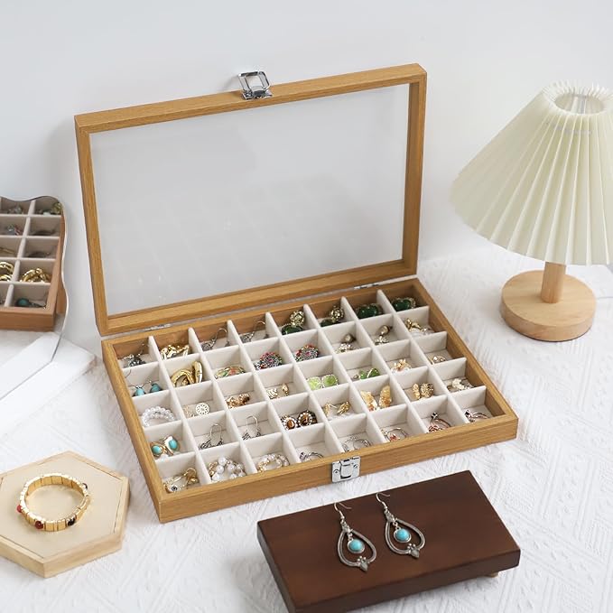 Stratalife Jewelry Organizer 40 Grid Jewelry Trays with Clear Lid Wood Earring Organizer Ring Holder Accessories Box Necklaces Earrings Storage for Women Drawers Vintage Style Beige