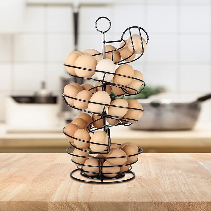 QUTREY Black Metal Egg Holder Countertop, Fresh Egg Skelter, Spiral Design Egg Dispenser Rack with Storage Basket for Kitchen