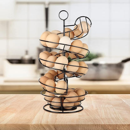 QUTREY Black Metal Egg Holder Countertop, Fresh Egg Skelter, Spiral Design Egg Dispenser Rack with Storage Basket for Kitchen