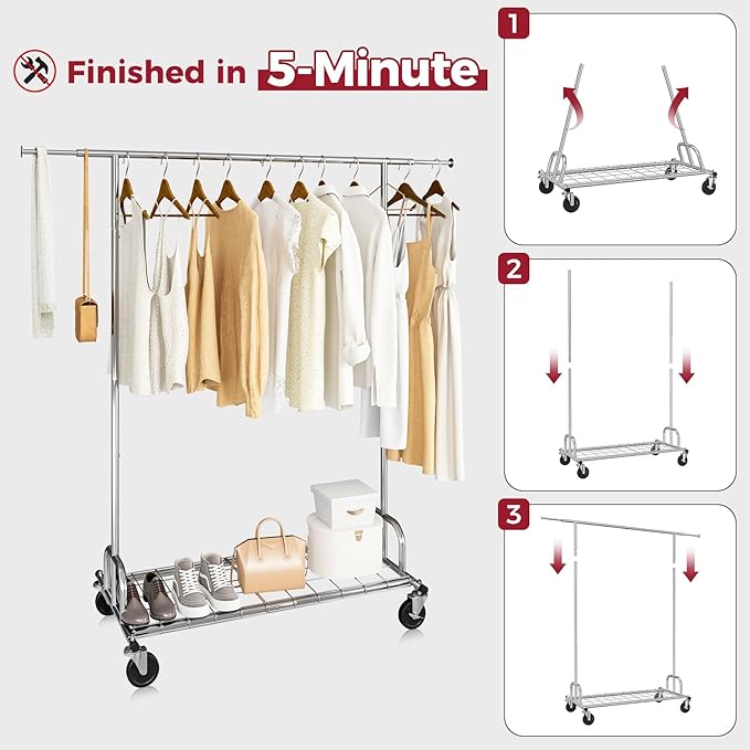 Commercial Collapsible & Portable Metal Garment Rack on Wheels, Heavy Duty Clothes Rack Load 480 LBS Rolling Clothes Racks for Hanging Clothes